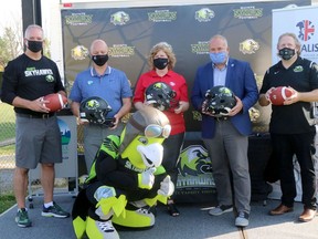 The Quinte Skyhawks Football team announced Sunday they have been awarded a Canadian Junior Football League franchise and will begin play in 2021 in Belleville. Pictured at the announcment are (from left) head coach Warren Goldie, Belleville Mayor Mitch Panciuk, Loyalst College president and CEO Dr. Ann Marie Vaughan, Bay of Quinte MPP Todd Smith and Skyhawks president Peter Gabriel. They are joined by Rocky the mascot. BRUCE BELL