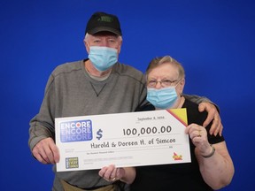 Harold and Doreen Harrison of Simcoe matched the last six of seven Encore numbers in exact order in the Aug. 25 Lotto Max draw to win $100,000. They plan to pay off their current car and buy a new vehicle. They also plan to share with their children. The winning ticket was purchased at Roulston's Pharmacy on Donly Drive in Simcoe. SUBMITTED