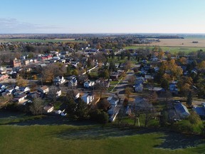 An aerial view of downtown Burford. Brant County will host two virtual town hall meetings next month to  give residents a chance to discuss  how and where to manage future growth and how to build healthy communities.