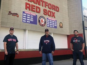 Wayne Forman (left), Randy Meggs and Brandon Corke have come together to help organize a Brantford Red Sox alumni game on Oct. 3 that will benefit the Stedman Community Hospice.