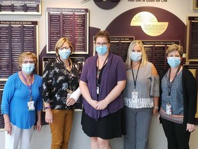 "The infection prevention and control team at Brant Community Healtcare System comprises Susan McMaster (left), Lois Hamilton, Amber Haw, Miriam Schmidt and manager Nancy Peddle.