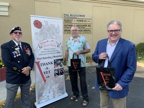 Don Spiece (left), chair of the Thank-A-Vet committee, Dave Levac, a committee member, and Brantford-Brant MP Phil McColeman have come up with a new way to honour the sacrifices of local veterans during the pandemic.