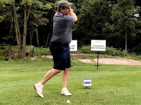 Brockville General Hospital president and chief executive officer Nick Vlacholias practises his swing before teeing off at the Friends of Palliative Care Golf Day at the Brockville Country Club on Wednesday morning. (RONALD ZAJAC/The Recorder and Times)