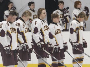 The Athens Jr. B Aeros stand for the national anthem at a home game at Centre 76 in Nov. 2019.
(FILE PHOTO)