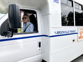 Brockville Transit bus driver Mindy Jollymore waits at a bus stop off the Court House Green on Thursday afternoon. (RONALD ZAJAC/The Recorder and Times)