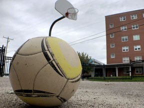 A soccer ball and basketball net sit unused at Brockville Collegiate Institute on Labour Day. (RONALD ZAJAC/The Recorder and Times)
