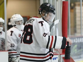 Tyler Toomey and the Brockville Tikis prepare to hit the ice for a pre-season game at the Memorial Centre on Sept. 11, 2019.
File photo/The Recorder and Times