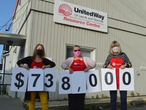 From left, Trish Buote, Tanya Noyes and Christine Radford reveal this year's United Way Leeds & Grenville campaign goal of $738,000. The non-profit organization hit its 2019 fundraising target of $800,000.
Tim Ruhnke/The Recorder and Times