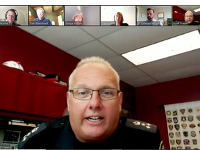 Brockville Police Chief Scott Fraser speaks to the police services board at its virtual meeting on Tuesday. (SCREENSHOT)