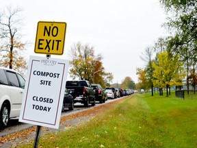 Dozens of vehicles were lined up on Sophia Street about half an hour before the scheduled opening of the COVID-19 mobile assessment centre at the public works yard in Prescott on Tuesday morning. (TIM RUHNKE/The Recorder and Times)