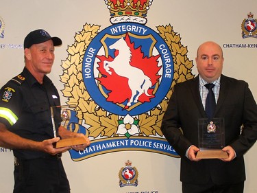 Chatham-Kent EMS paramedic Kevin Langlois and Chatham-Kent Police Service Const. Joel Rehill each received CKPS Board Citation for their efforts to save a man who was in severe crisis. Ellwood Shreve/Chatham Daily News/Postmedia Network