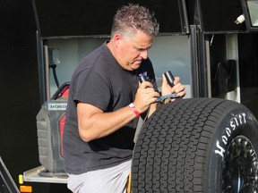 Anthony Macri, of the St. Catharines-based Mat Williamson Race Team, grinding a tire on Sunday afternoon at Cornwall Motor Speedway. Photo on Sunday, September 19, 2020, in Cornwall, Ont. Todd Hambleton/Cornwall Standard-Freeholder/Postmedia Network