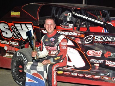 Mat Williamson in victory lane after winning the Modified feature on Sunday night at Cornwall Motor Speedway.Rick Young Photo//Cornwall Standard-Freeholder/Postmedia Network