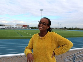 Maryam Tsegaye, a Grade 12 student at École McTavish, is the winner of the 2020 Breakthrough Junior Challenge. She stands on the McTavish Field bleachers on Tuesday, September 8, 2020. Laura Beamish/Fort McMurray Today/Postmedia Network