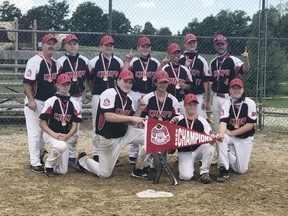 On Aug. 30 the Durham U-14 softball team won the Ontario Amateur Softball Association (OASA) tournament championship in Tara. Team members include, back left, coach Brent Marshall, Codee Rahn, Max Rahn, Dylan Marshall, Avery Kostal, Ben Plume and coach John Nixon. Front left are Liam Rusnak, Luke Marshall, Tate Watson, Dawson Marshall and Jack Kollias.