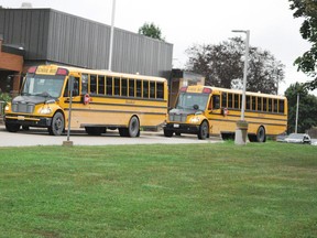 Buses arrive at Ecole Dawnview Public School in Hanover.