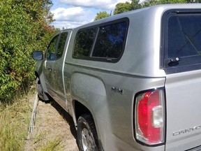 This pickup was stopped with a spike belt Friday on Highway 17 near  Pine Lake Road in Bonfield Township. The Pembroke driver faces charges.
Supplied Photo