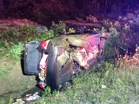 This vehicle flipped into the ditch after being driven with no lights on Highway 11 early Sunday. OPP say the driver, who faces charges, almost caused a head-on collision while travelling in the wrong lane.
OPP Photo