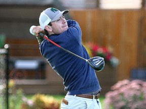 Ashton McCulloch tees off at the Kingston City Men's Golf Championship against Jamaal Moussaoui at Cataraqui Golf and Country Club on Sept. 14.