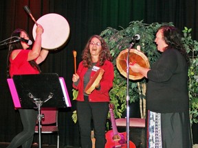 Clarice Gervais, festival planning committee member and local Metis woman, joined Alpha in the drumming at last year's First Peoples' Perfomoing Arts Festival held in Gananoque. The event will be mainly virtual this year, but will still feature great performances and a Water Walk.   
Supplied by Jim Palmer