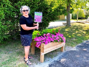 Mary McDonald showing off the award at St. John's Church a proud business/organizational winner in the Petunia Garden Competition held in celebration of the 100th Anniversary of the Gananoque Horticultural Society.  

Supplied by Joan MacKinnon