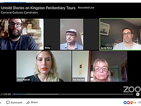 Members of a panel discussion on Kingston Penitentiary tours, clockwise from top left, Kevin Walby, Ricky Atkinson, Justin Piche, Ann Hansen and Linda Mussell during a Facebook Live discussion on Thursday. (Ian MacAlpine/The Whig-Standard)