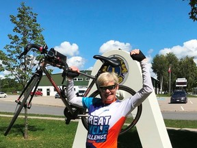 Susan Tunnicliffe, 2nd Vice District Governor for District A-4 of the Lions Club, pedalled 1,010 kms to raise $3,550 in the organization's Great Cycle Challenge for Kids with Cancer. All funds go to support the work being done at Sick Kid's Hospital in Toronto.  
Supplied by Brian Tunnicliffe