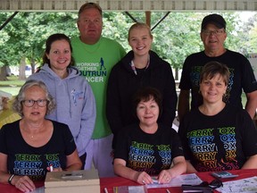 In this file photo from the 2019 event, runners and walkers set off on the MacNaughton-Morrison Trail Sept. 15 for the Terry Fox Run in Exeter. In the front from the left are Anne DeVries, Patty Dougherty, and Kathy Thiel. In the back from the left are Rebecca DeVries, Paul Dougherty, Morgan Dykstra, and Bart DeVries. Dan Rolph