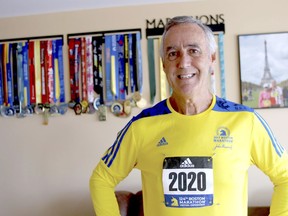 Pat Miller is pictured at his home in Callander, Friday. Miller will run the Boston Marathon, Saturday, in North Bay and Callander as part of a virtual event this year due to the COVID-19 pandemic. 
Michael Lee/The Nugget