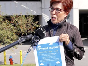 Clean Green Beautiful chair Hariett Madigan speaks to reporters outside Northgate Shopping Centre, Sept. 18, 2020, about a city-wide cleanup. Nugget File Photo