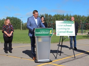 Premier Scott Moe was in Carrot River on Wednesday, Aug. 26 to formally announce the construction of a new K-12 school in the community. Construction is to be complete by 2023. Photo Susan McNeil.