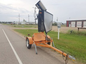 Between August 20 and August 21, 2020 and unknown vehicle struck a portable highway light board on the north end of Broadway Ave North in Melfort.Photo supplied.