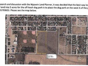 The highlighted yellow area shows the five acres that is proposed to be a fenced, off-leash dog park in Nipawin.