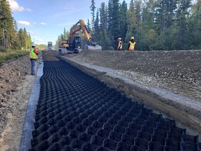 Crews are working on the highway north of Candle Lake, using GeoCell technology that should help stabilize pavement in soft areas. This is the first time the Ministry of Highways has used the system and it will be monitored for effectiveness. PHoto FACEBOOK/Sask. Highways