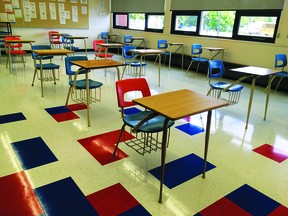 A classroom at J.T. Foster. New flooring has been installed, and desks are spaced out. STEPHEN TIPPER