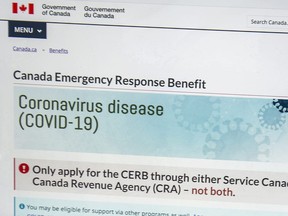 A Canada Emergency Response Benefit (CERB) COVID-19 Government of Canada page during the COVID-19 pandemic, Friday May 22, 2020.