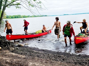 The Canoe4COVID crew arrived in Pembroke Aug. 21 in the home stretch of a 60-day canoe trip that began north of Thunder Bay in late June and ended in Ottawa Aug. 24. They pulled up near the waterfront chapel near Algonquin College, where two of the crew members will begin the Outdoor Adventure program this fall.