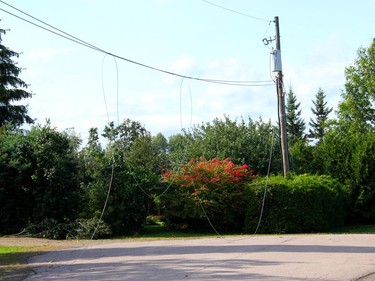 Lines dangle on Spruce Street West after a severe storm ripped through a portion of Laurentian Valley on Sunday afternoon. Anthony Dixon