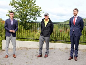 Andre Fortin (left), Member of the National Assembly for Pontiac and Will Amos, Member of Parliament for Pontiac, joined Allumette Island Mayor Winston Sunstrum (centre) in Chapeau to announce nearly $4 million from the federal and Quebec governments to improve water and wastewater infrastructure in the village. The replacement project is expected to begin in 2021.