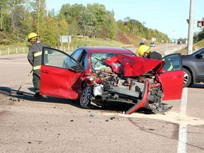 This sedan sustained major damage as a result of a collision with a dump truck at the intersection of Highway 17 and White Water Road just before 5 p.m. on Sept. 17. Members of the Laurentian Valley Fire Department responded to provide suppression and also cleaned debris from the roadway.