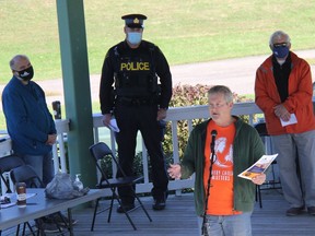 Coun. Brian Abdallah, who is spearheading the Community Watch program initiative, introduces some of the guest speakers at the latest meeting held outdoors at the amphitheatre on Sept. 19. Looking on are speakers, from left, Police Services Board chairman Deputy Mayor Ron Gervais, Const. Shawn Peever of the OPP, and Pembroke Mayor Mike LeMay. Anthony Dixon