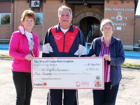 The Royal Canadian Legion Branch 72 contributed $500 towards Stan Halliday's 40th anniversary of the Terry Fox Run on Sept. 20. Taking part in the cheque presentation after Stan (centre) completed the 10-kilometre walk were Bingo chairwoman Laurette Halliday and branch manager Wanda Lavergne (right). Stan concluded his walk at the branch.