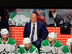 Former Pembroke Lumber King forward Jim Montgomery behind the bench of the Dallas Stars as the team's head coach during the 2018-19 NHL season. After a devastating departure from the game, Montgomery has been given a chance to return to coaching thanks to the St. Louis Blues. Screencapture