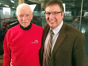 Lionel Barber (left), who played on the opening night of the Pembroke Memorial Centre in 1951, was interviewed by Jamie Bramburger in 2017 about that night. Barber served as the inspiration for Bramburger's book Go Kings Go! A century of Pembroke Lumber Kings' Hockey, which was published in 2018.