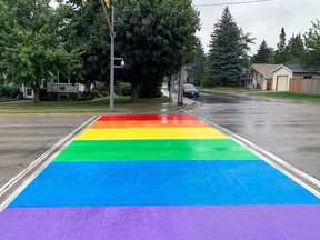 A rainbow crosswalk has been created on Gustavus Street in Port Elgin outside Saugeen District Senior School. Police say it was vandalized within days of being painted. SUPPLIED