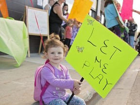 Two-year-old Brooklynn Doucette joined the rally Thursday afternoon to show their support for Bugz and Beanerz Indoor Play Place and Creperie. The indoor playground is lobbying the government to be allowed to open to the public, after similar type businesses such as trampoline parks have opened their doors to the public.
Brigette Moore