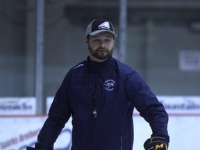 Grande Prairie Storm assistant coach Sam Waterfield in main camp action on Monday afternoon at Revolution Place. The assistant coach is looking to make the most of his opportunity to learn from head coach and GM Mike Vandekamp.