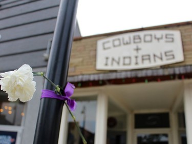 A memorial was set up in front of the downtown retail store Cowboys + Indians after owner Jim Wilson was identified as the victim of a homicide by police on Tuesday September 1, 2020 in Sarnia, Ont. (Terry Bridge/Sarnia Observer)
