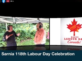 Jason McMichael, president of the Sarnia and District Labour Council, speaks to host David Burrows during Monday’s virtual Labour Day parade. The 118th consecutive event was live-streamed due to the COVID-19 pandemic. (Screenshot)