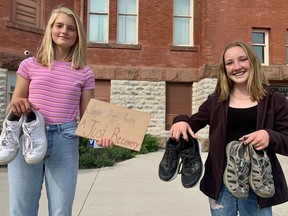 Stratford District secondary students Sammie Orr, right, and Georgia Neely will take part in a "shoe strike" at city hall next week. Inspired by Fridays For Future, the global climate strike movement born from the activism of Swedish teenager Greta Thunberg, Orr is organizing the strike in the middle of what could be a watershed moment for climate action in Canada. Cory Smith/The Beacon Herald